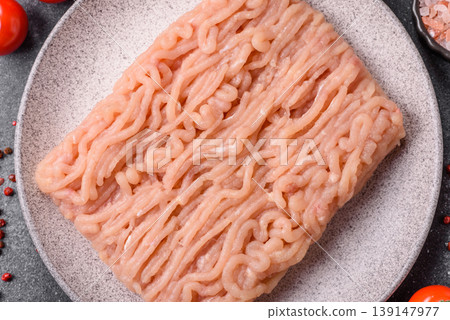 Raw fresh ground chicken, turkey, or pork for burgers or meatballs. Raw ground chicken 139147977