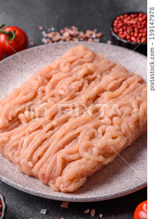 Raw fresh ground chicken, turkey, or pork for burgers or meatballs. Raw ground chicken 139147978