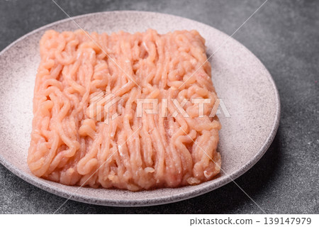 Raw fresh ground chicken, turkey, or pork for burgers or meatballs. Raw ground chicken 139147979