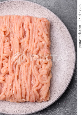 Raw fresh ground chicken, turkey, or pork for burgers or meatballs. Raw ground chicken 139147980