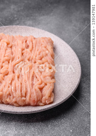 Raw fresh ground chicken, turkey, or pork for burgers or meatballs. Raw ground chicken 139147981