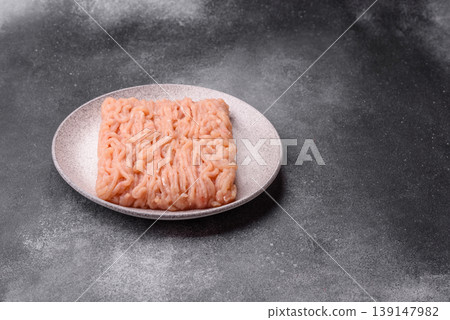 Raw fresh ground chicken, turkey, or pork for burgers or meatballs. Raw ground chicken 139147982