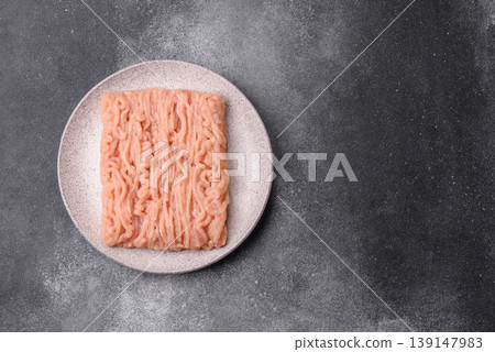 Raw fresh ground chicken, turkey, or pork for burgers or meatballs. Raw ground chicken 139147983