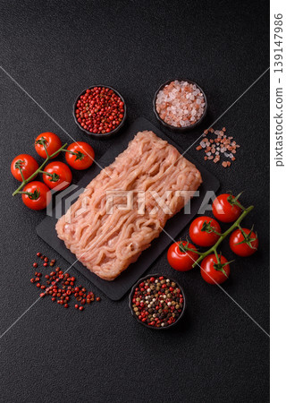 Raw fresh ground chicken, turkey, or pork for burgers or meatballs. Raw ground chicken 139147986