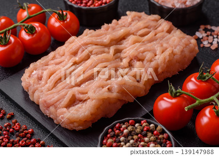 Raw fresh ground chicken, turkey, or pork for burgers or meatballs. Raw ground chicken 139147988