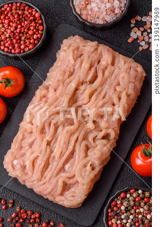 Raw fresh ground chicken, turkey, or pork for burgers or meatballs. Raw ground chicken 139147989