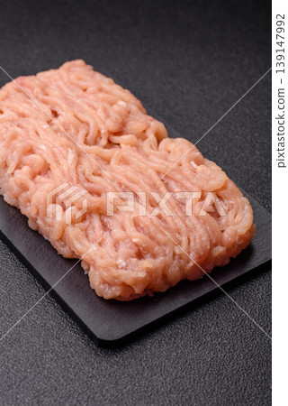 Raw fresh ground chicken, turkey, or pork for burgers or meatballs. Raw ground chicken 139147992