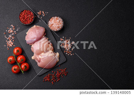Raw chicken thigh fillet, boneless and skinless, for roasting. Raw thigh fillet Raw chicken thigh fillet, boneless and skinless, for roasting. Raw thigh fillet 139148005
