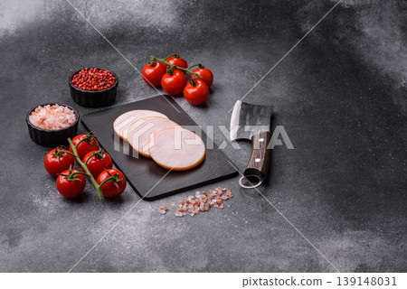 Chicken or Indian cooked sausage or ham sliced for breakfast sandwiches. Chicken sausage slices Chicken or Indian cooked sausage or ham sliced for breakfast sandwiches. Chicken sausage slices 139148031