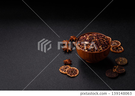 Dry herbal or fruit tea with flower petals and aromatic additives. Dry fruit herbal tea Dry herbal or fruit tea with flower petals and aromatic additives. Dry fruit herbal tea 139148063