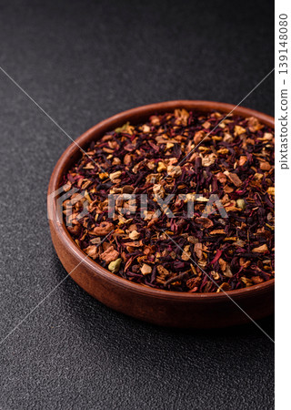 Dry herbal or fruit tea with flower petals and aromatic additives. Dry fruit herbal tea 139148080
