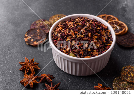 Dry herbal or fruit tea with flower petals and aromatic additives. Dry fruit herbal tea 139148091