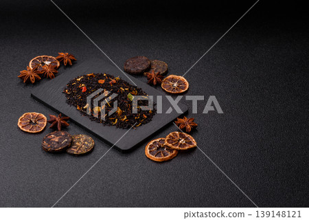 Dry black tea with herbal leaves and aromatic additives. Dry fruity black tea Dry black tea with herbal leaves and aromatic additives. Dry fruity black tea 139148121