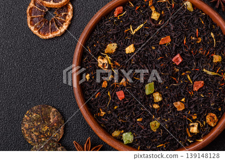Dry black tea with herbal leaves and aromatic additives. Dry fruity black tea Dry black tea with herbal leaves and aromatic additives. Dry fruity black tea 139148128