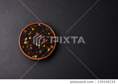 Dry black tea with herbal leaves and aromatic additives. Dry fruity black tea Dry black tea with herbal leaves and aromatic additives. Dry fruity black tea 139148134