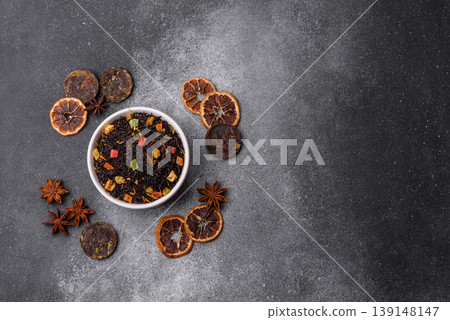 Dry black tea with herbal leaves and aromatic additives. Dry fruity black tea Dry black tea with herbal leaves and aromatic additives. Dry fruity black tea 139148147