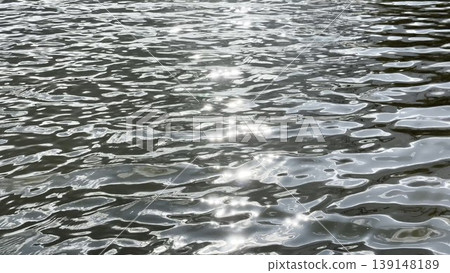 Scenery surface of pond illuminated by sun at summertime. Calm view on sea with small waves at sunny day. Beautiful summer nature landscape. Concept of tranquility scene. Slow motion 139148189