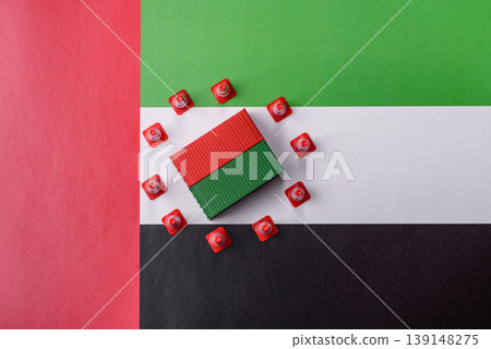 The cargo container ban on the uae flag as a conceptual backdrop. The cargo container embargo The cargo container ban on the uae flag as a conceptual backdrop. The cargo container embargo 139148275