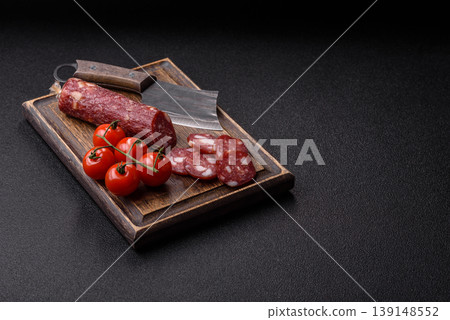 Smoked or dry cured salami slices or ham with salt and spices. Smoked sausage Smoked or dry cured salami slices or ham with salt and spices. Smoked sausage 139148552