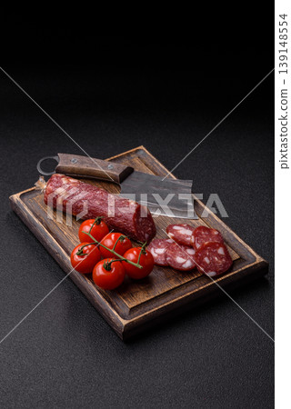 Smoked or dry cured salami slices or ham with salt and spices. Smoked sausage Smoked or dry cured salami slices or ham with salt and spices. Smoked sausage 139148554