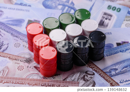 Metal barrels containing oil, gas, or chemicals, with a prohibition sign. Oil barrels Metal barrels containing oil, gas, or chemicals, with a prohibition sign. Oil barrels 139148632