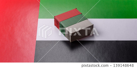 Cargo containers on the UAE flag as a conceptual backdrop for goods export. Cargo containers Cargo containers on the UAE flag as a conceptual backdrop for goods export. Cargo containers 139148648