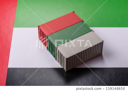 Cargo containers on the UAE flag as a conceptual backdrop for goods export. Cargo containers Cargo containers on the UAE flag as a conceptual backdrop for goods export. Cargo containers 139148650