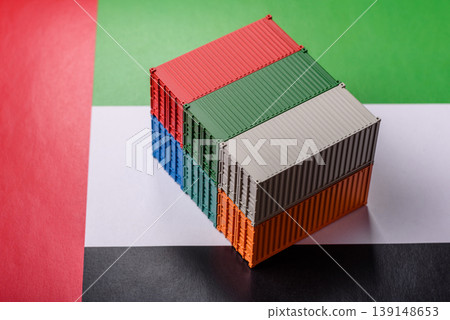 Cargo containers on the UAE flag as a conceptual backdrop for goods export. Cargo containers Cargo containers on the UAE flag as a conceptual backdrop for goods export. Cargo containers 139148653