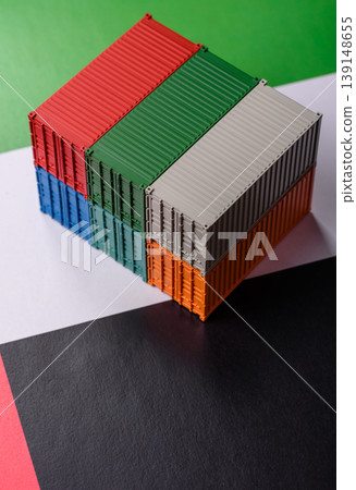 Cargo containers on the UAE flag as a conceptual backdrop for goods export. Cargo containers Cargo containers on the UAE flag as a conceptual backdrop for goods export. Cargo containers 139148655