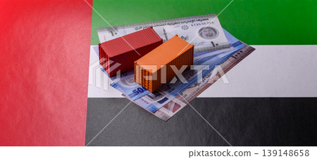 Cargo containers on the UAE flag as a conceptual backdrop for goods export. Cargo containers Cargo containers on the UAE flag as a conceptual backdrop for goods export. Cargo containers 139148658