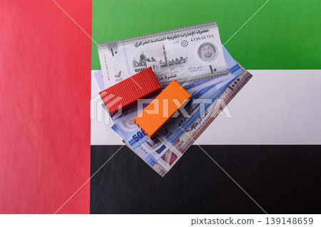 Cargo containers on the UAE flag as a conceptual backdrop for goods export. Cargo containers Cargo containers on the UAE flag as a conceptual backdrop for goods export. Cargo containers 139148659