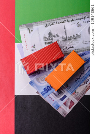 Cargo containers on the UAE flag as a conceptual backdrop for goods export. Cargo containers Cargo containers on the UAE flag as a conceptual backdrop for goods export. Cargo containers 139148661