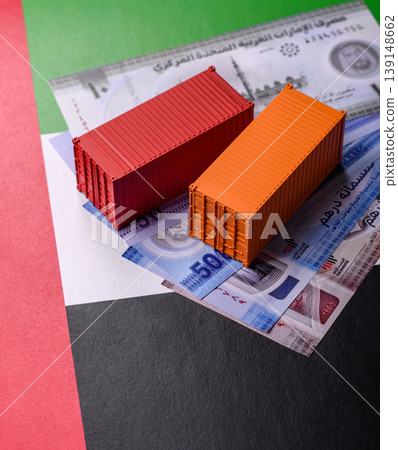 Cargo containers on the UAE flag as a conceptual backdrop for goods export. Cargo containers Cargo containers on the UAE flag as a conceptual backdrop for goods export. Cargo containers 139148662