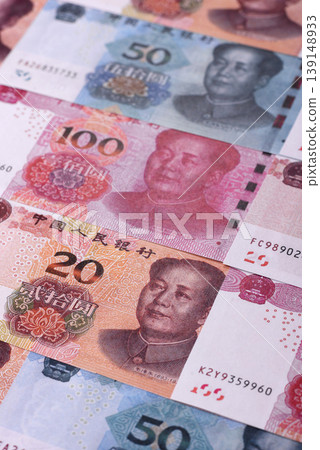 Chinese paper money, yuans in various denominations. China money Chinese paper money, yuans in various denominations. China money 139148933
