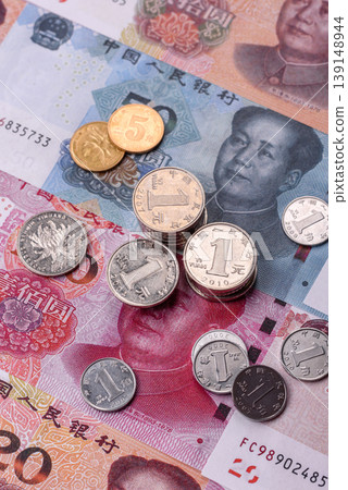 Chinese paper money, yuans in various denominations. China money Chinese paper money, yuans in various denominations. China money 139148944