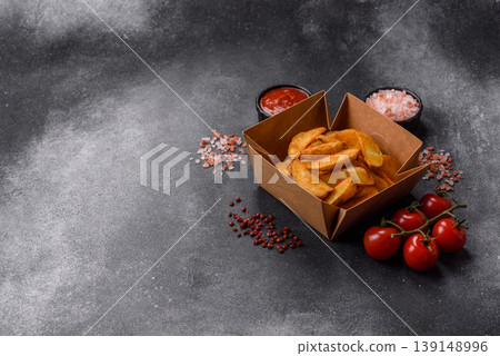 Potato wedges baked with garlic, herbs, and spices for lunch. Potato wedges 139148996