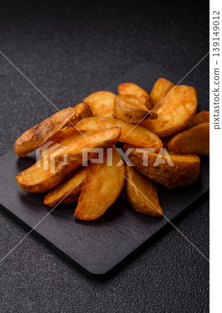 Potato wedges baked with garlic, herbs, and spices for lunch. Potato wedges 139149012