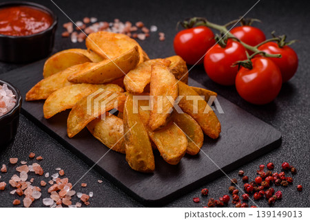 Potato wedges baked with garlic, herbs, and spices for lunch. Potato wedges Potato wedges baked with garlic, herbs, and spices for lunch. Potato wedges 139149013