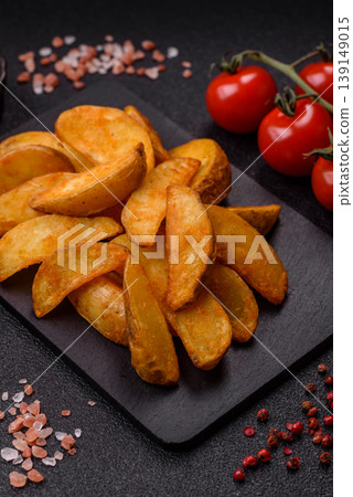 Potato wedges baked with garlic, herbs, and spices for lunch. Potato wedges Potato wedges baked with garlic, herbs, and spices for lunch. Potato wedges 139149015