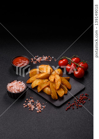 Potato wedges baked with garlic, herbs, and spices for lunch. Potato wedges Potato wedges baked with garlic, herbs, and spices for lunch. Potato wedges 139149018