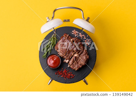 Steak, beef or pork meat grilled or barbecued with salt and spices. Beef steak 139149042