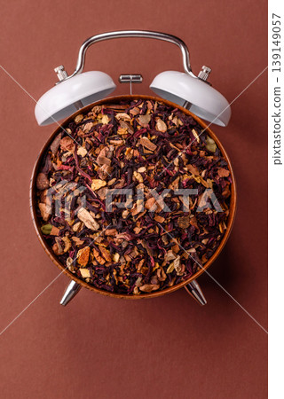 Dry herbal or fruit tea with flower petals and aromatic additives. Dry fruit herbal tea Dry herbal or fruit tea with flower petals and aromatic additives. Dry fruit herbal tea 139149057