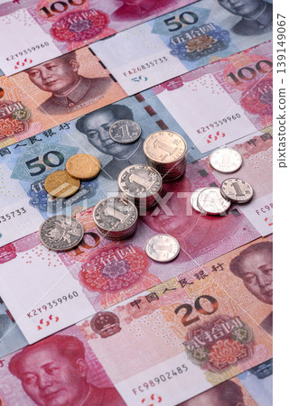Chinese paper money, yuans in various denominations. China money Chinese paper money, yuans in various denominations. China money 139149067