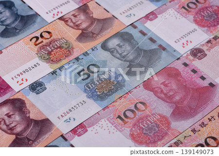 Chinese paper money, yuans in various denominations. China money 139149073