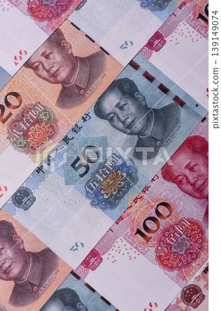Chinese paper money, yuans in various denominations. China money 139149074