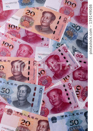 Chinese paper money, yuans in various denominations. China money Chinese paper money, yuans in various denominations. China money 139149086