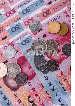 Chinese paper money, yuans in various denominations. China money Chinese paper money, yuans in various denominations. China money 139149117