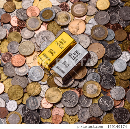 Gold and silver bullion or ingots as metals for bank storage, investments. Gold and silver bars Gold and silver bullion or ingots as metals for bank storage, investments. Gold and silver bars 139149174
