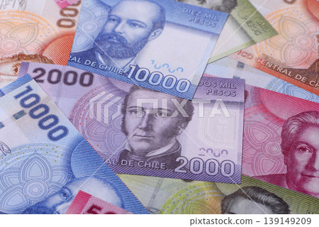 Chilean paper currency, peso, for financial transactions and exchange. Chilean peso currency Chilean paper currency, peso, for financial transactions and exchange. Chilean peso currency 139149209