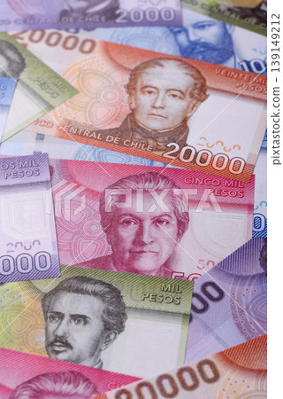 Chilean paper currency, peso, for financial transactions and exchange. Chilean peso currency Chilean paper currency, peso, for financial transactions and exchange. Chilean peso currency 139149212